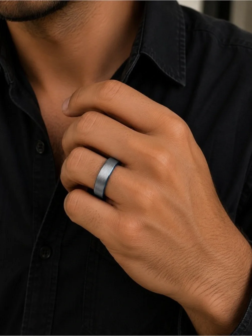 8mm Domed Blue Silver Tungsten Ring Wedding Band